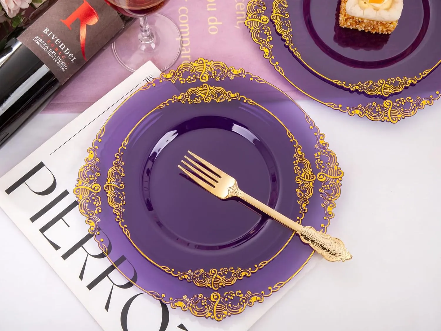 Nervure 175PCS Purple Plastic Plates - Disposable Purple Gold Party Plates & Pre Rolled Napkins with Cutlery for 25 Guests, 50Plates, 75Silverware, 25Cups, 25Napkin for Wedding & Party
