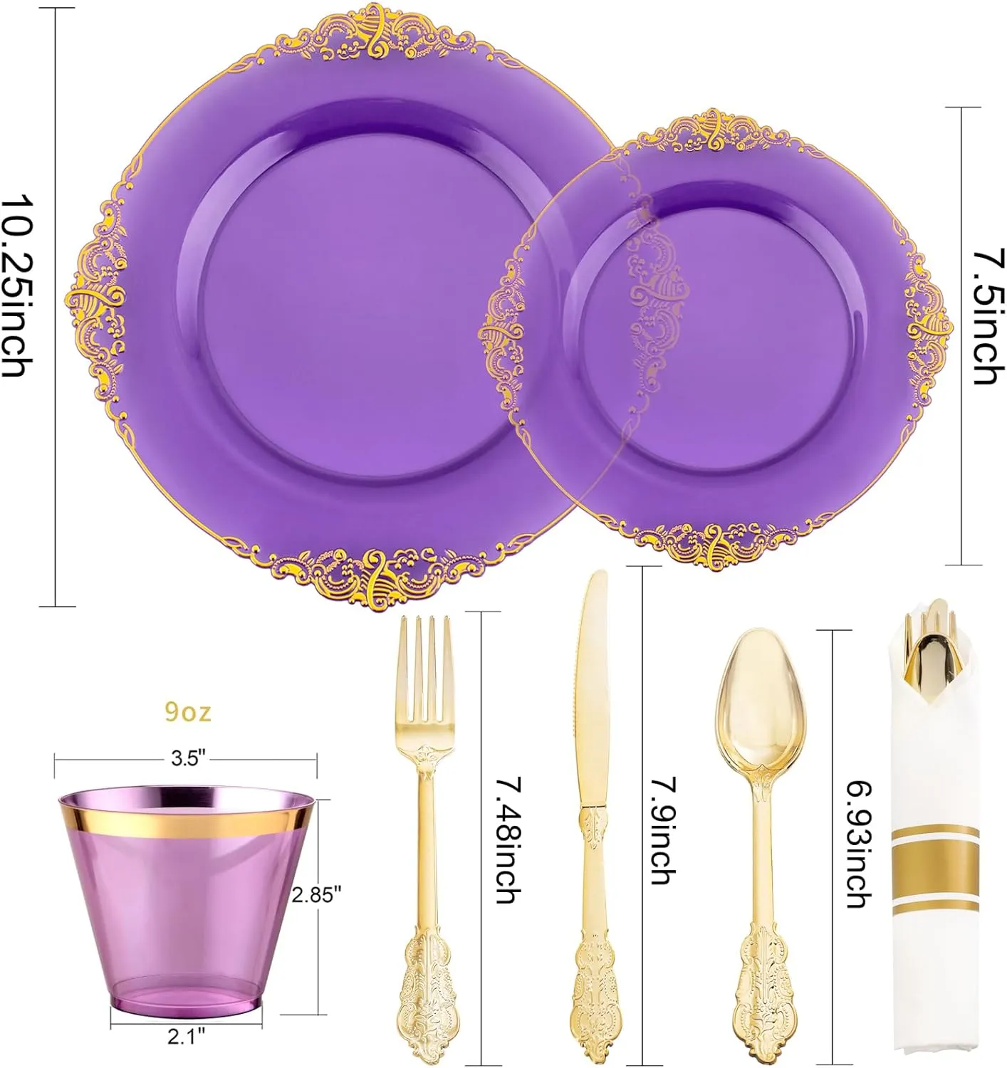 Nervure 175PCS Purple Plastic Plates - Disposable Purple Gold Party Plates & Pre Rolled Napkins with Cutlery for 25 Guests, 50Plates, 75Silverware, 25Cups, 25Napkin for Wedding & Party