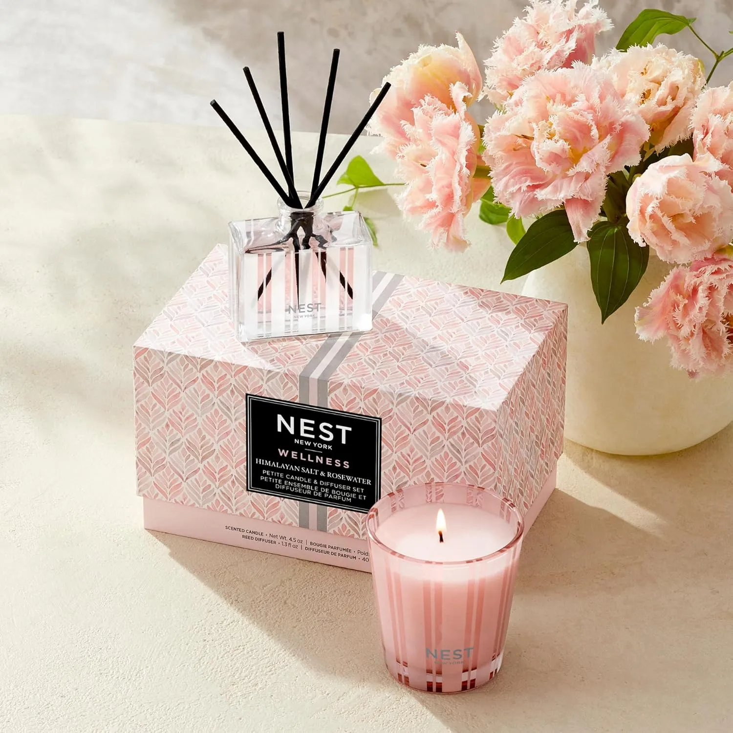 NEST New York Scented Petite Candle (4.5 oz) & Diffuser (1.3 fl oz) Set, Himalayan Salt & Rosewater - Reusable Glass Vessel - Vegan, Cruelty Free