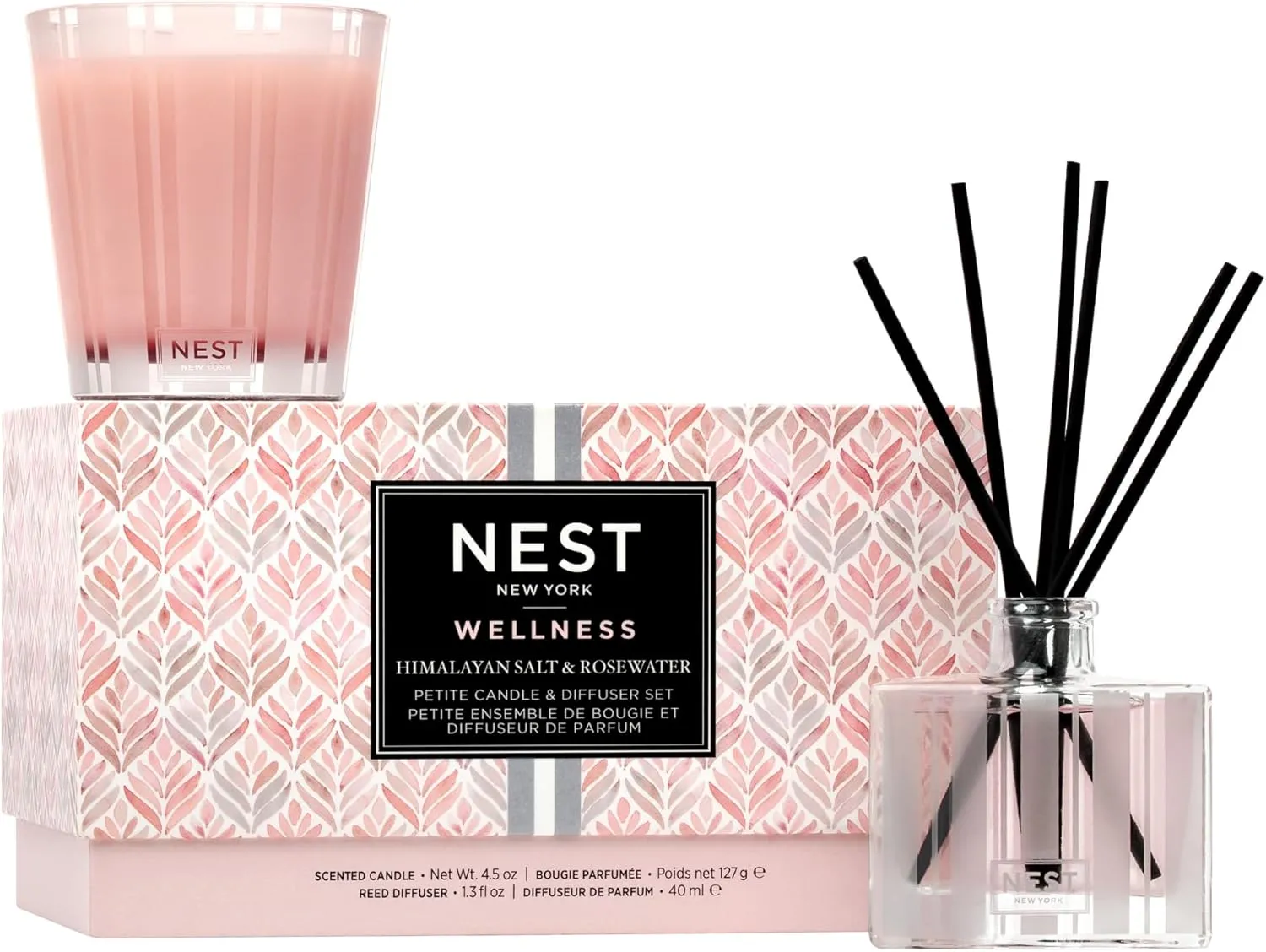 NEST New York Scented Petite Candle (4.5 oz) & Diffuser (1.3 fl oz) Set, Himalayan Salt & Rosewater - Reusable Glass Vessel - Vegan, Cruelty Free