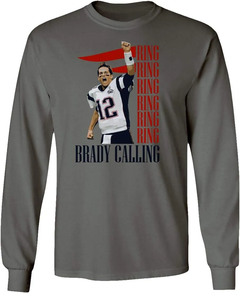 New England Fans Brady SB 6 Rings Goat Men's Long Sleeve T-Shirt (Gray, Medium)