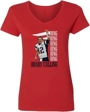 New England Fans Brady SB 6 Rings Goat Womens Vneck T-Shirt (Red, Large)
