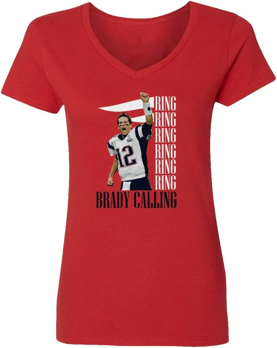 New England Fans Brady SB 6 Rings Goat Womens Vneck T-Shirt (Red, Large)