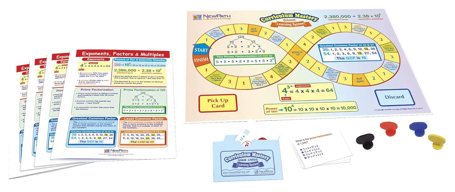 NewPath Learning 23-6972 Exponents, Factors and Multiples Learning Center Game (Grades 6-9) - Game Board, 30 Illustrated Game Cards and Four 4-Panel, Laminated “Write-On/Wipe-Off” Learning Guides