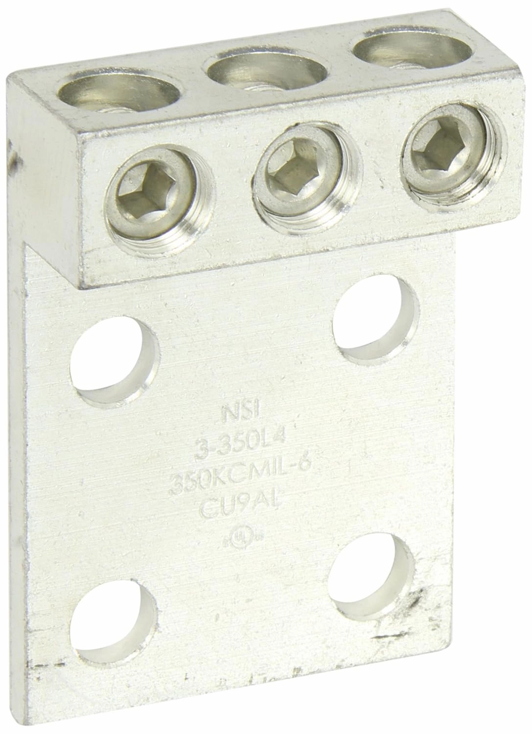 NSI Dual Rated Transformer Lug, 350 MCM - 6 AWG Wire Range, 0.563" Mouting Hole, 3/8" Hex Size, 2.94" Width, 1.38" Height, 4.31" Length, Ohm