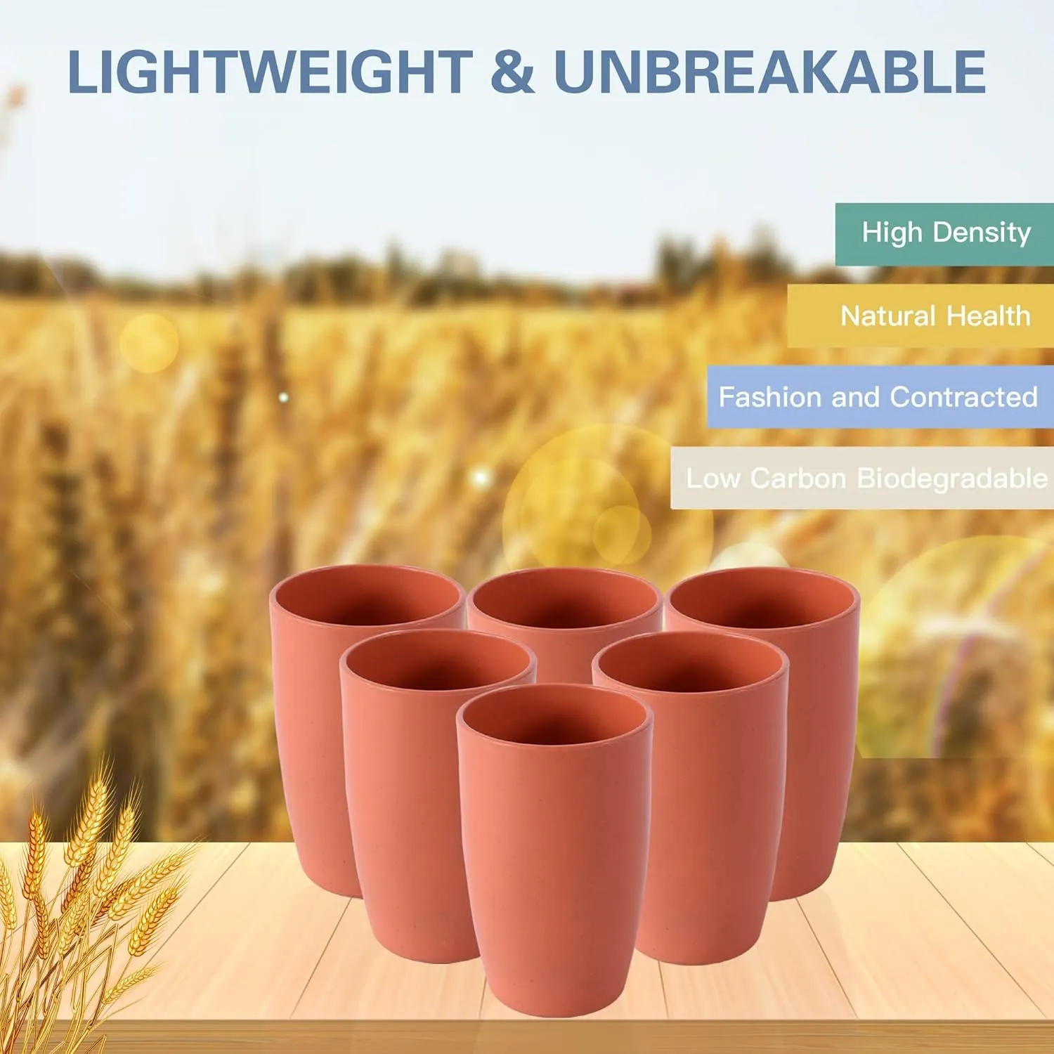 Numkey 20 oz [set of 6] Wheat Straw Cups Plastic Cups Reusable Unbreakable Drinking Cups Dishwasher Safe Water Glasses BPA Free cup Set For Kitchen, Camping, Party (Orange)