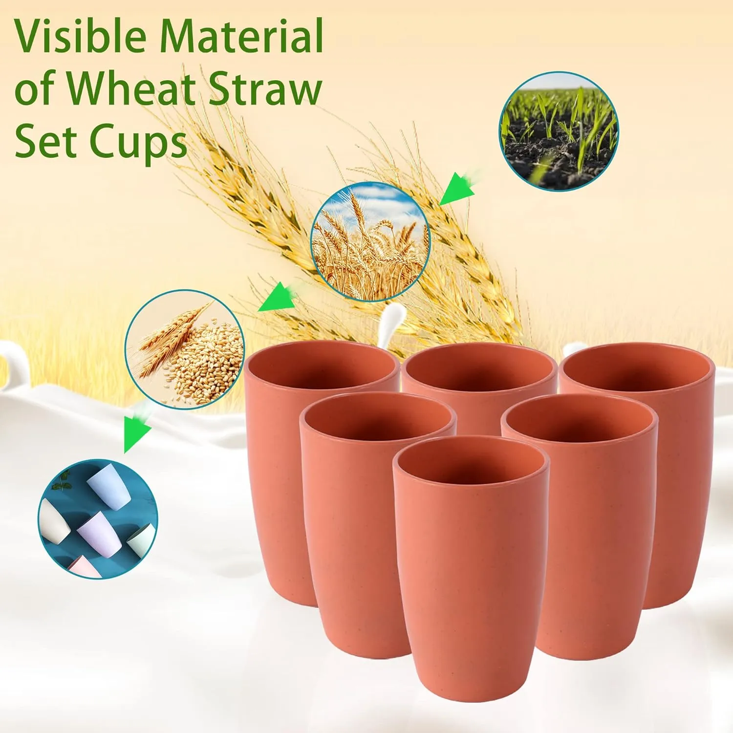 Numkey 20 oz [set of 6] Wheat Straw Cups Plastic Cups Reusable Unbreakable Drinking Cups Dishwasher Safe Water Glasses BPA Free cup Set For Kitchen, Camping, Party (Orange)