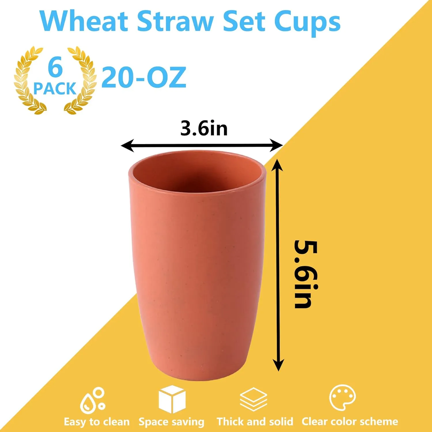 Numkey 20 oz [set of 6] Wheat Straw Cups Plastic Cups Reusable Unbreakable Drinking Cups Dishwasher Safe Water Glasses BPA Free cup Set For Kitchen, Camping, Party (Orange)