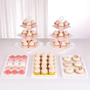 NWK 5 Piece Cake Stand Set with 2 x Large 3-Tier Cupcake Stands, 3 x Appetizer Trays, for Wedding Birthday Baby Shower Tea Party Decorations (White)