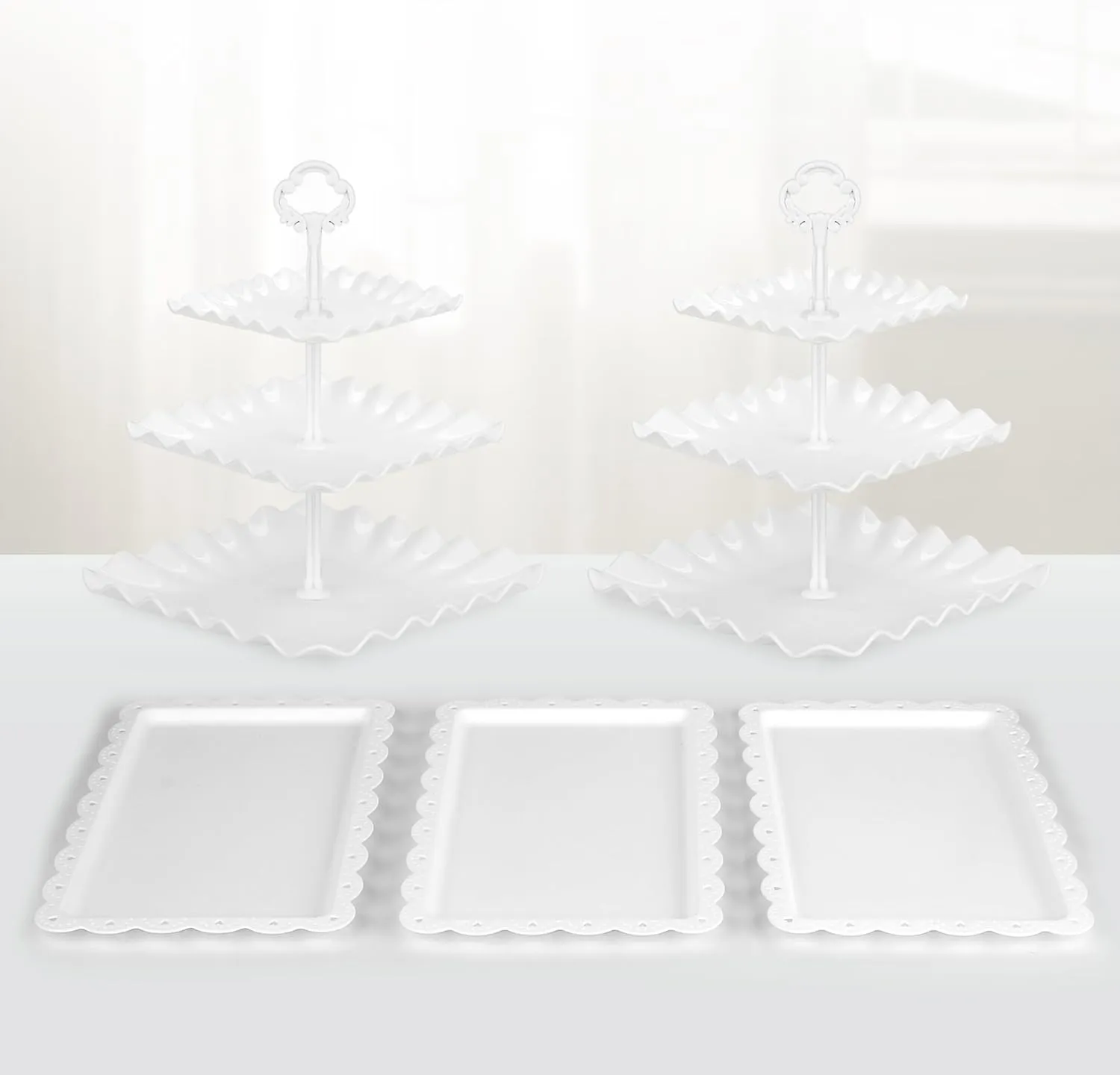 NWK 5 Piece Cake Stand Set with 2 x Large 3-Tier Cupcake Stands, 3 x Appetizer Trays, for Wedding Birthday Baby Shower Tea Party Decorations (White)