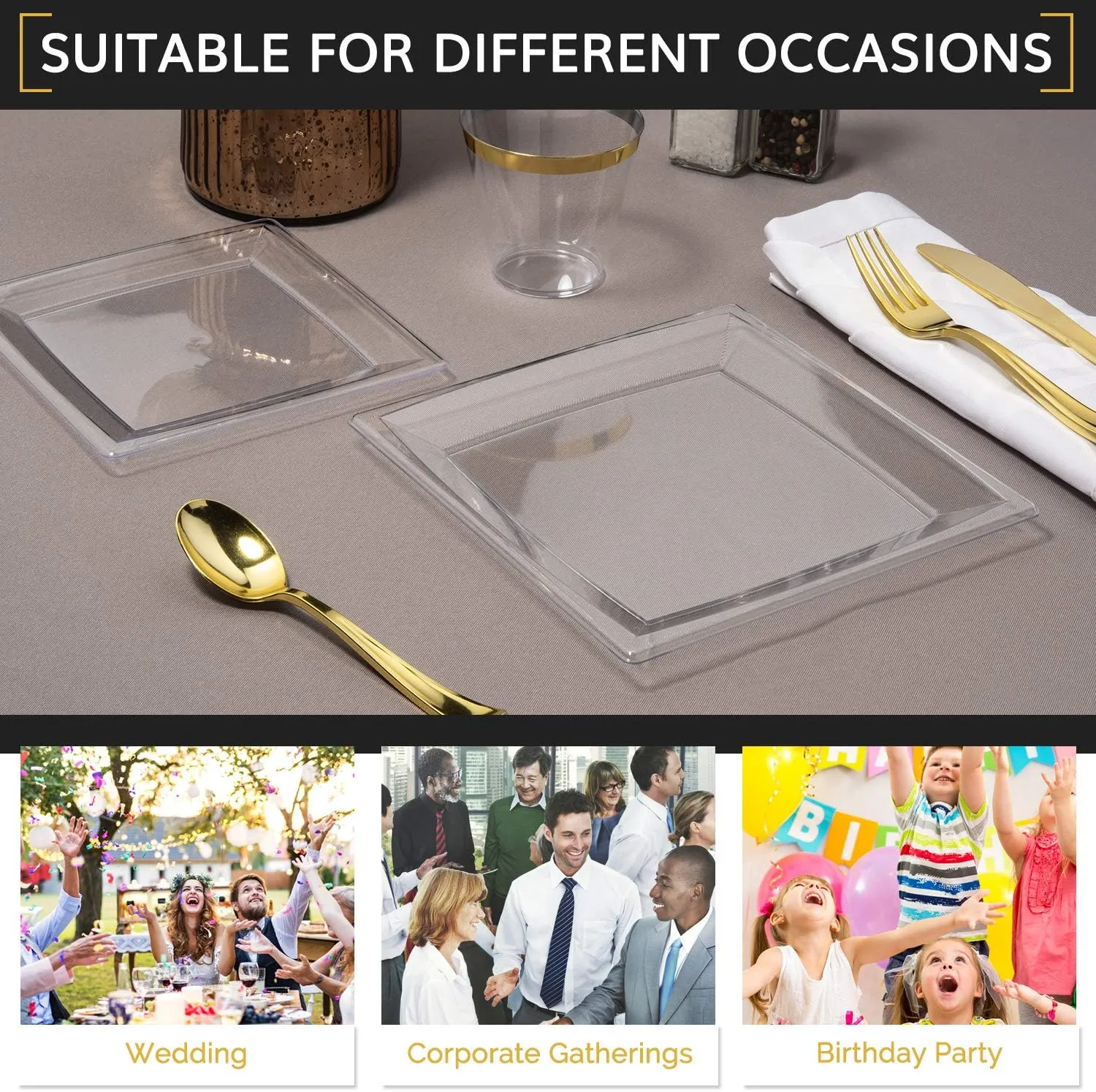 Oasis Creations Clear Square Plates Set 6.5" - 50 count - Premium Hard Clear Disposable Plastic - Disposable and Reusable - Salad Plate - Appetizer Plate - Dessert Plate - Party Plate Set