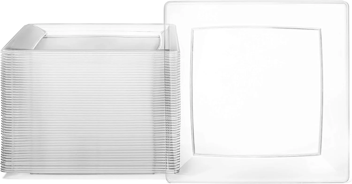 Oasis Creations Clear Square Plates Set 6.5" - 50 count - Premium Hard Clear Disposable Plastic - Disposable and Reusable - Salad Plate - Appetizer Plate - Dessert Plate - Party Plate Set