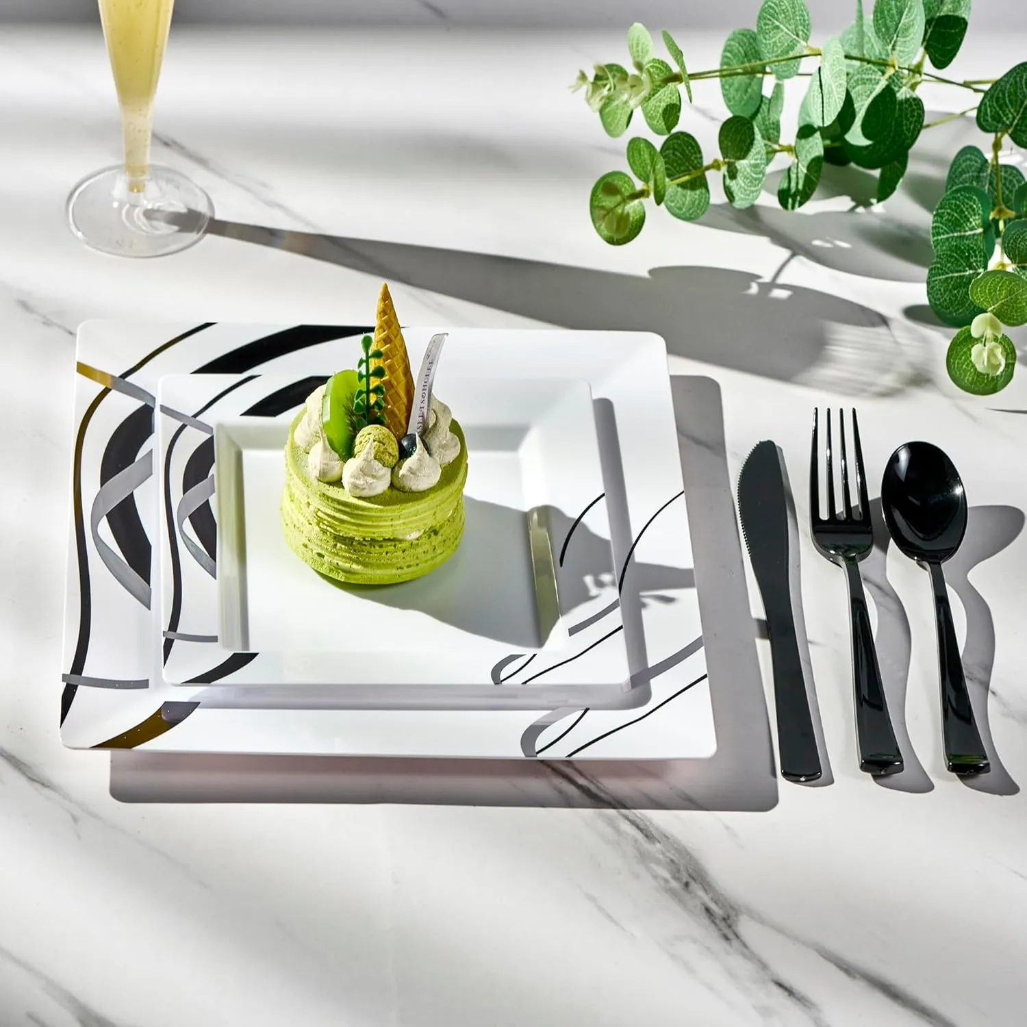 Oasis Creations White Square Plates with Geometric Black and Silver Lines 10" - 50 count - Premium Hard White Plastic -Disposable and Reusable-Salad Appetizer Dinner -Party Plate Set