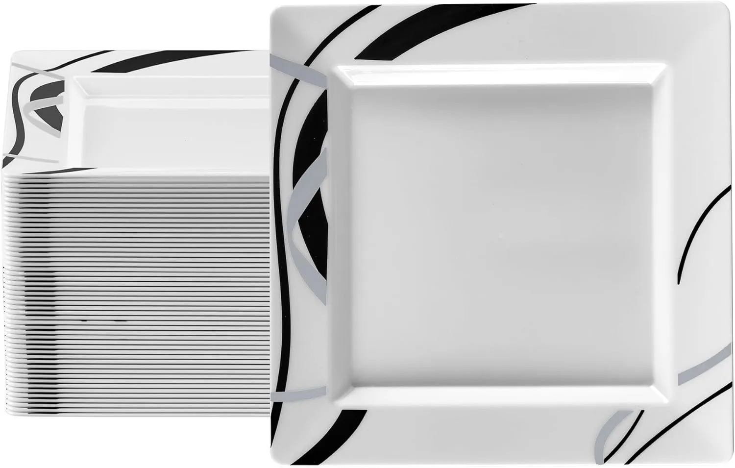 Oasis Creations White Square Plates with Geometric Black and Silver Lines 10" - 50 count - Premium Hard White Plastic -Disposable and Reusable-Salad Appetizer Dinner -Party Plate Set