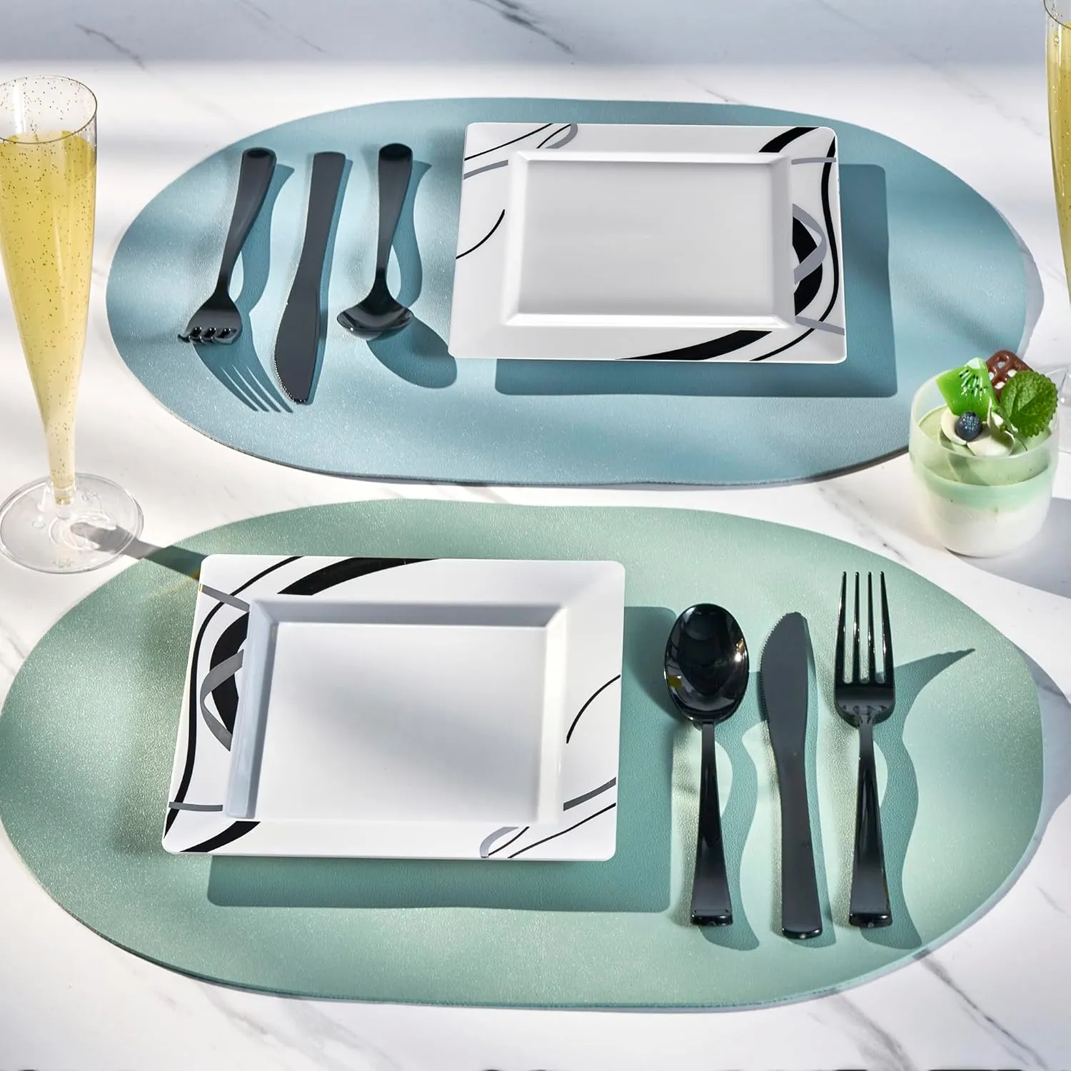 Oasis Creations White Square Plates with Geometric Black and Silver Lines 10" - 50 count - Premium Hard White Plastic -Disposable and Reusable-Salad Appetizer Dinner -Party Plate Set