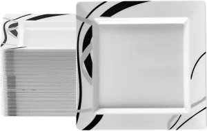 Oasis Creations White Square Plates with Geometric Black and Silver Lines 10" - 50 count - Premium Hard White Plastic -Disposable and Reusable-Salad Appetizer Dinner -Party Plate Set