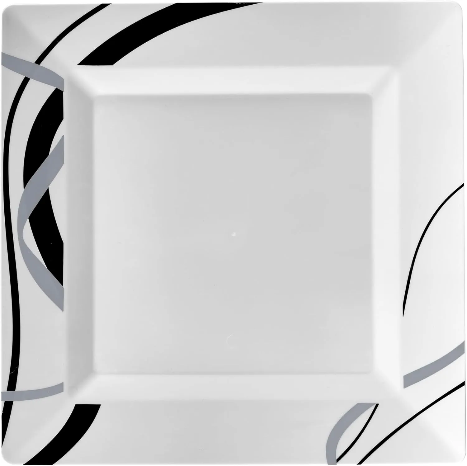 Oasis Creations White Square Plates with Geometric Black and Silver Lines 10" - 50 count - Premium Hard White Plastic -Disposable and Reusable-Salad Appetizer Dinner -Party Plate Set