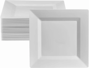 Oasis Creations White Square Plates Set 10" - 50 count - Premium Hard White Plastic - Disposable and Reusable - Salad Appetizer Dinner Party Plate Set
