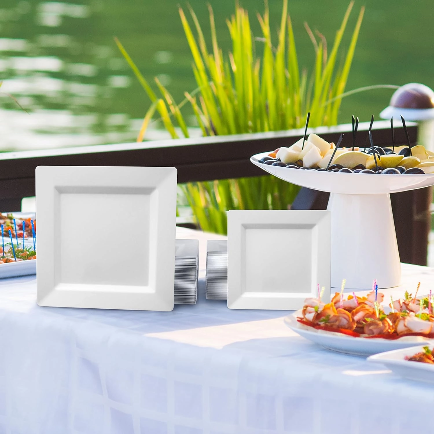 Oasis Creations White Square Plates Set 10" - 50 count - Premium Hard White Plastic - Disposable and Reusable - Salad Appetizer Dinner Party Plate Set
