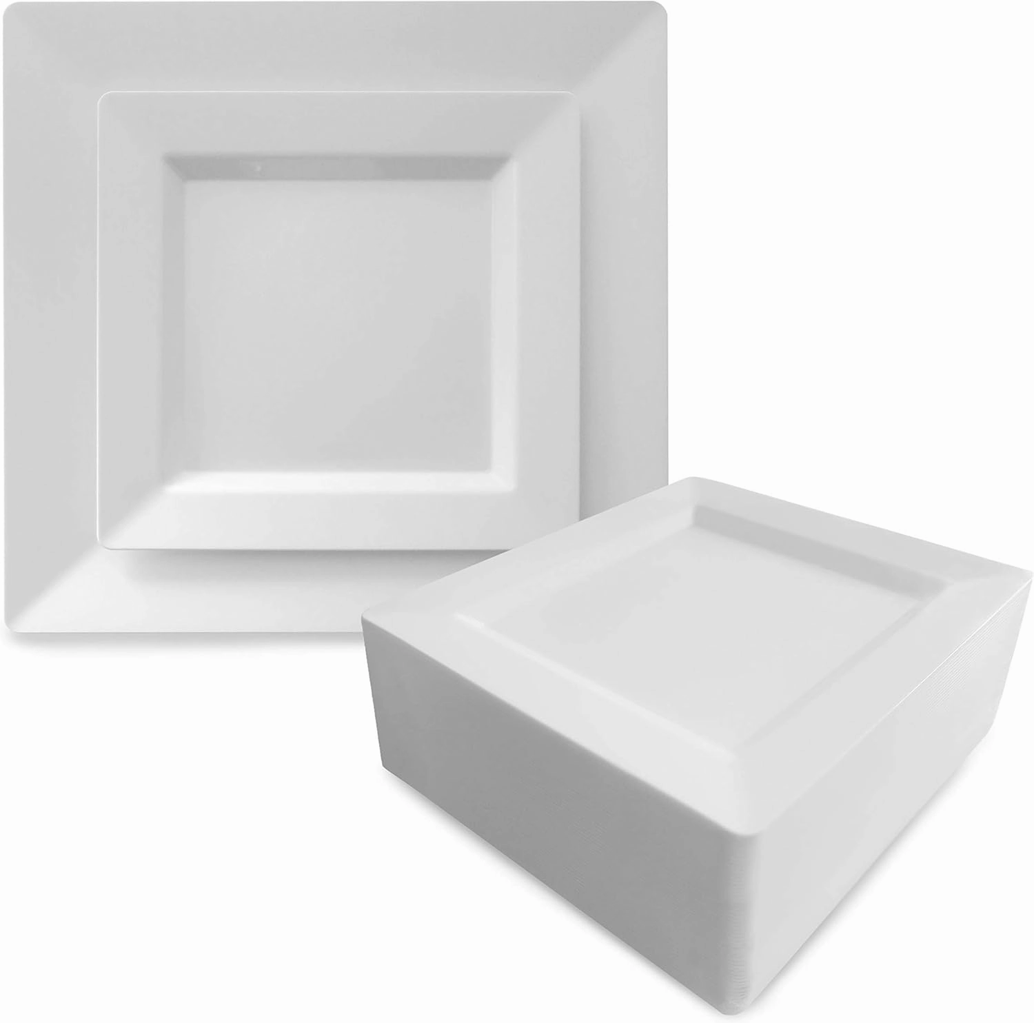 Oasis Creations White Square Plates Set 10" - 50 count - Premium Hard White Plastic - Disposable and Reusable - Salad Appetizer Dinner Party Plate Set