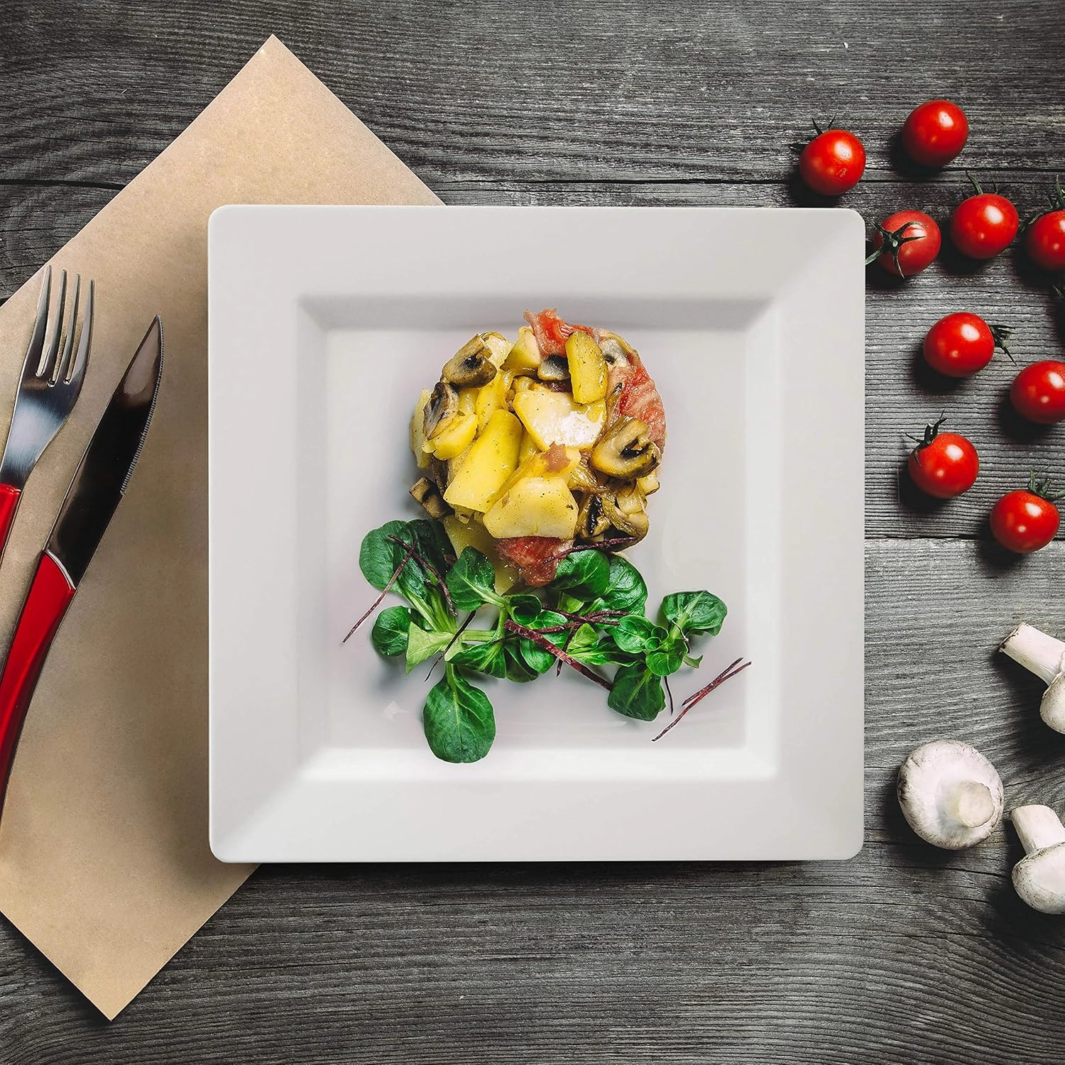 Oasis Creations White Square Plates Set 10" - 50 count - Premium Hard White Plastic - Disposable and Reusable - Salad Appetizer Dinner Party Plate Set