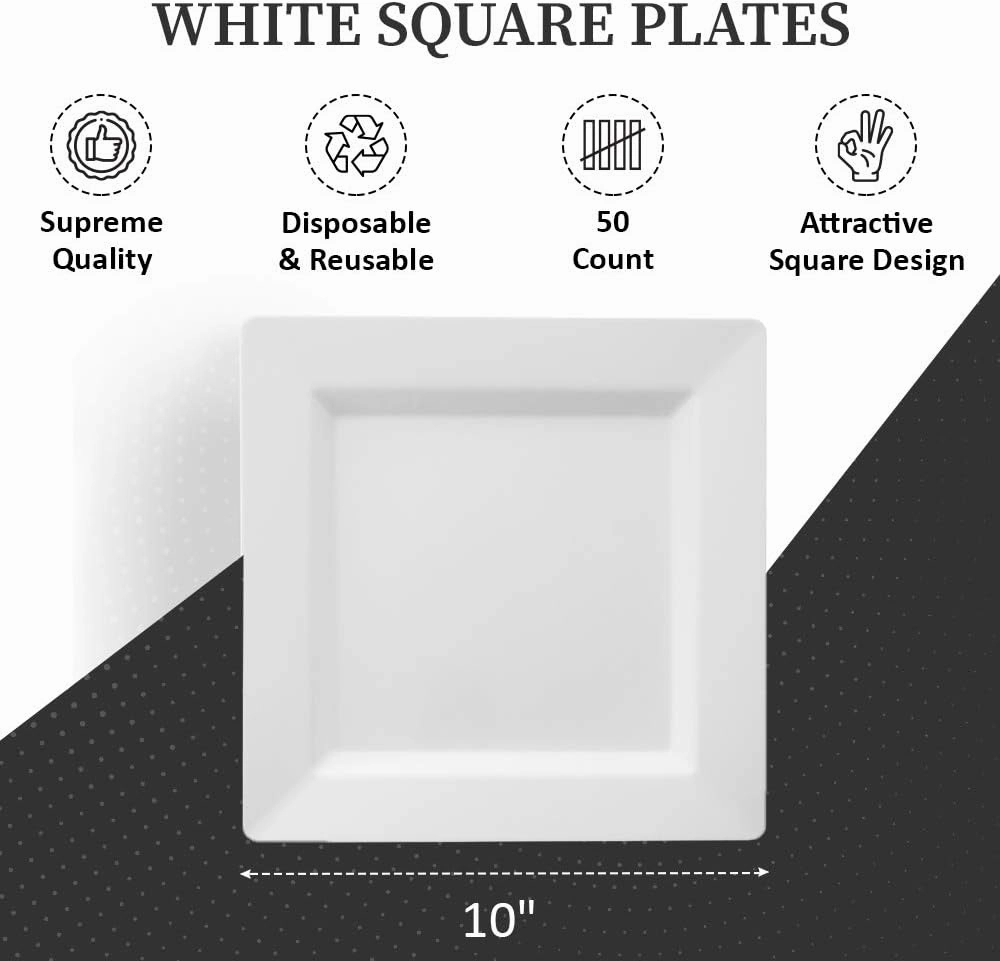 Oasis Creations White Square Plates Set 10" - 50 count - Premium Hard White Plastic - Disposable and Reusable - Salad Appetizer Dinner Party Plate Set