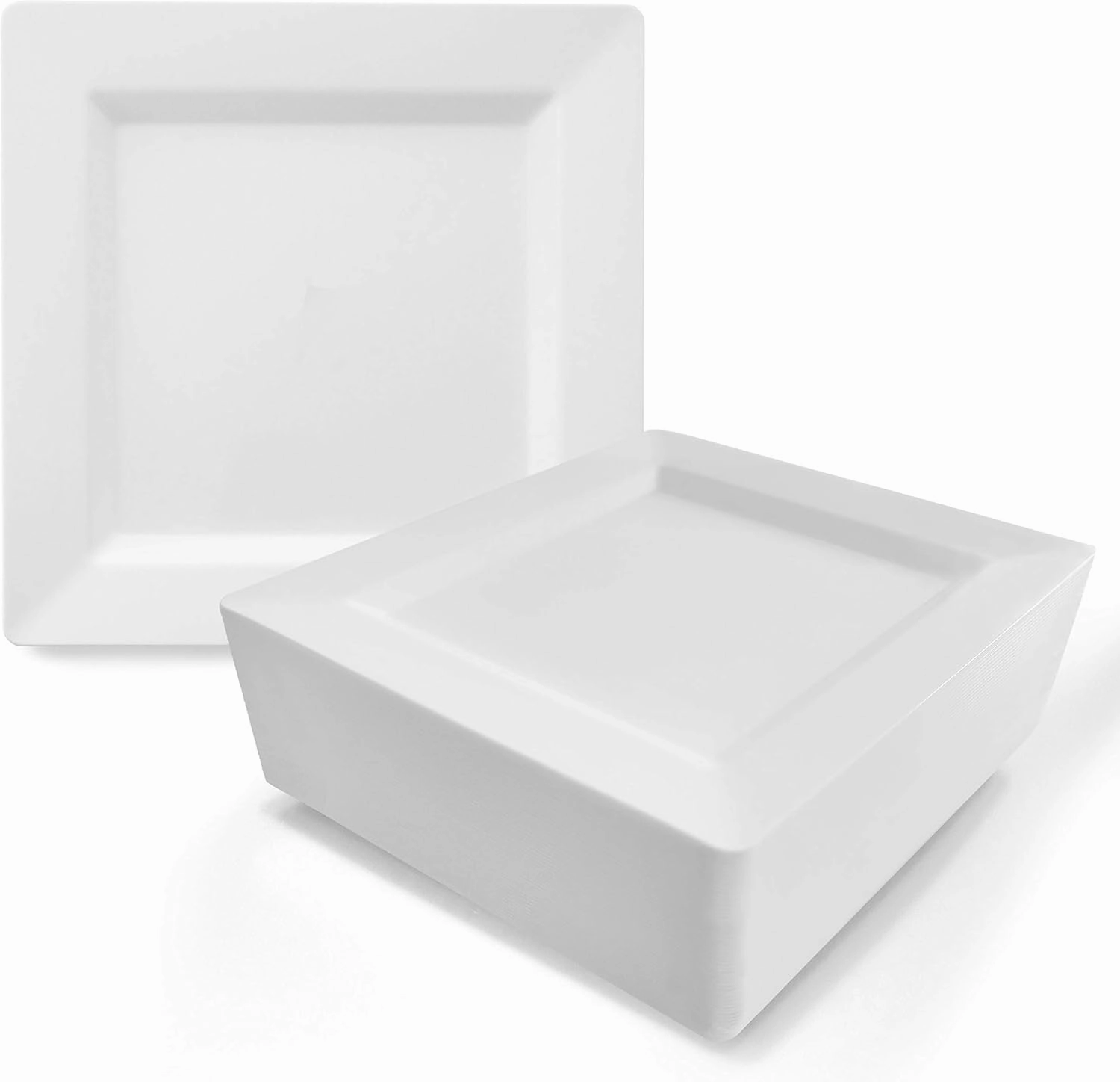 Oasis Creations White Square Plates Set 10" - 50 count - Premium Hard White Plastic - Disposable and Reusable - Salad Appetizer Dinner Party Plate Set