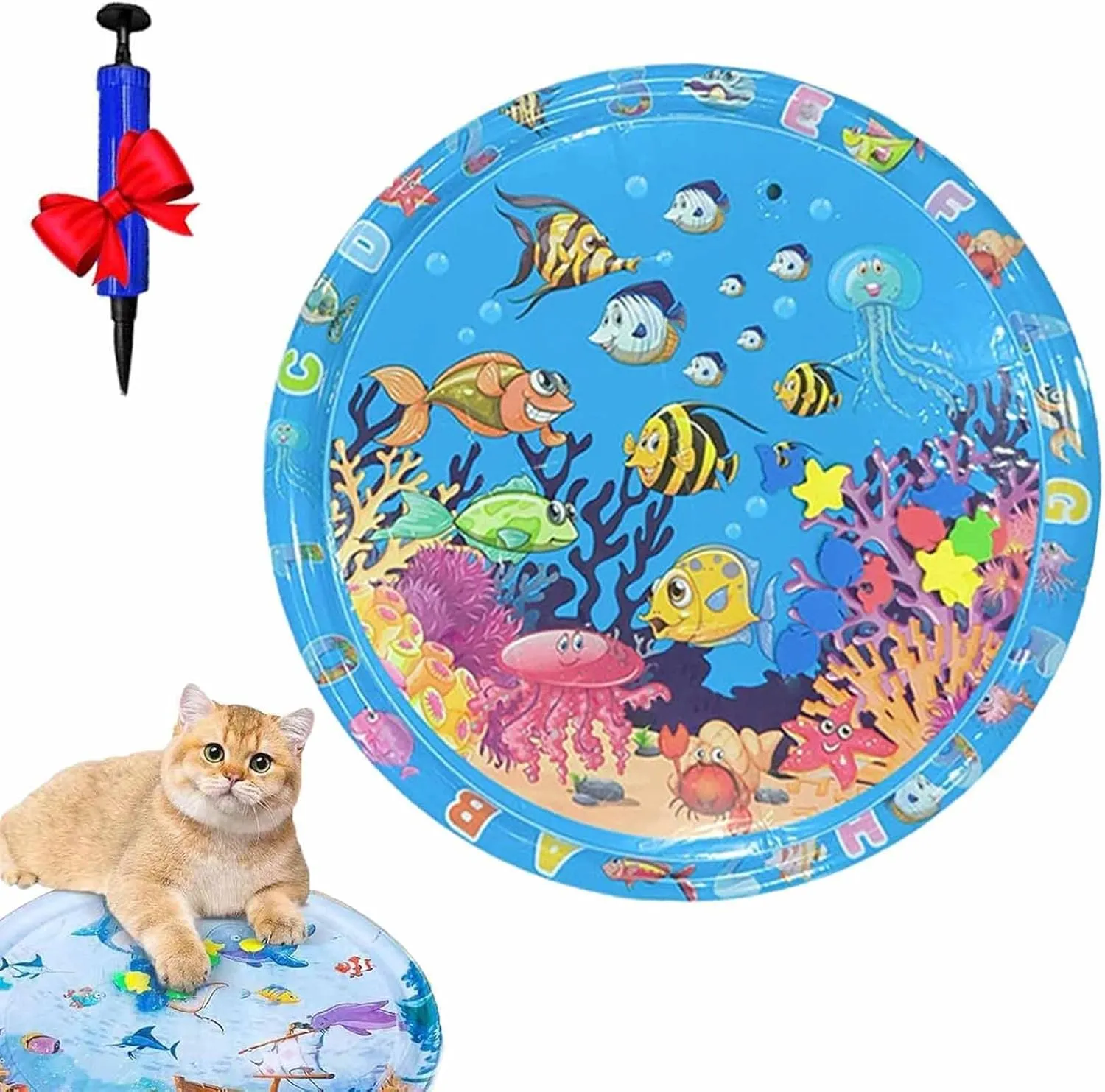 Ocean Breeze Splashland for Cats, (39.37in) Thickening Upgrade, with Pump, Inflatable Patting Sensory Water Play Mat Cooling Waterbed for Cats,Dogs (B)