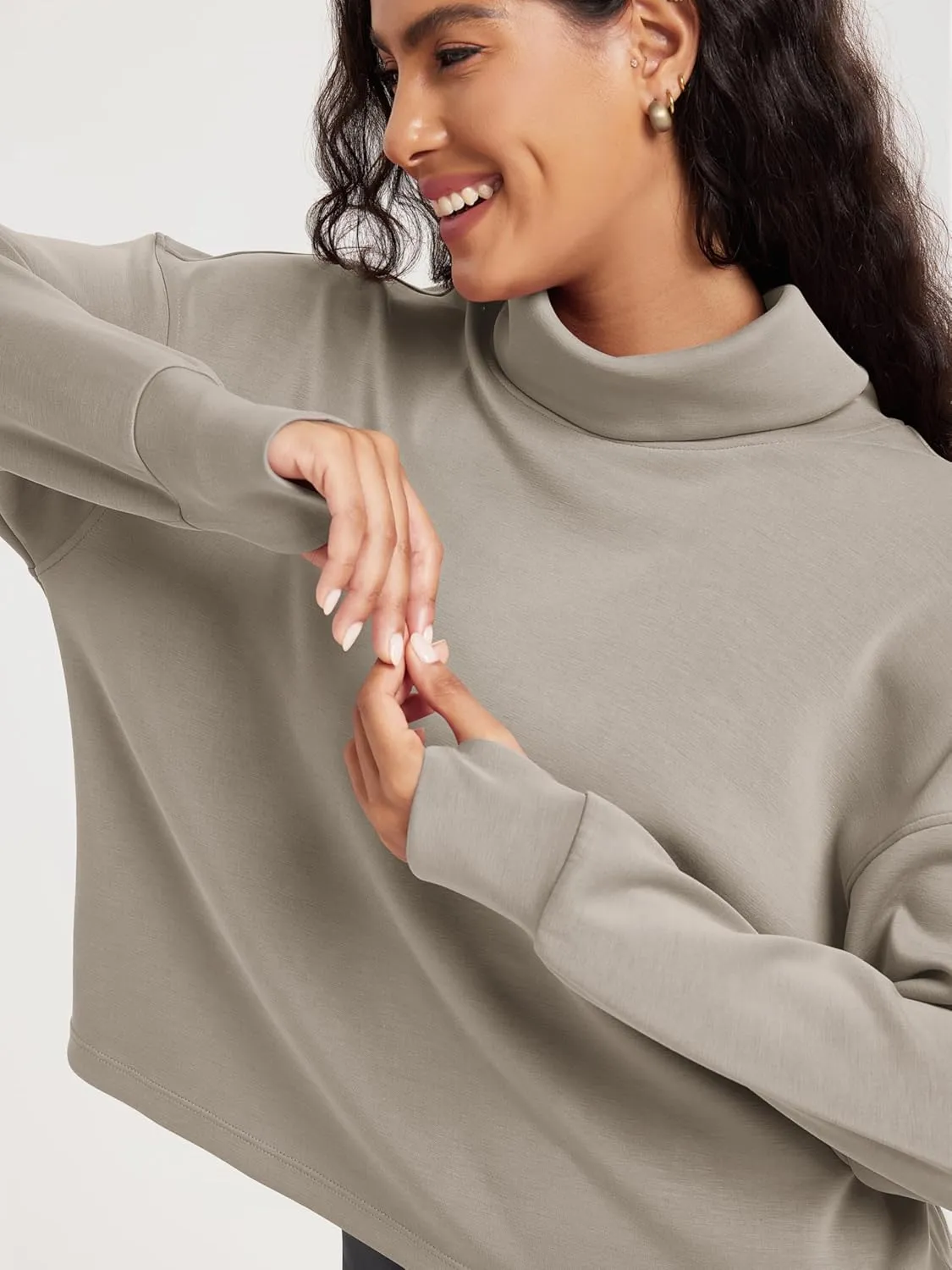 ODODOS Women's Modal Soft Roll Neck Sweatshirts with Thumb Hole Long Sleeve Oversized Casual Pullover Top