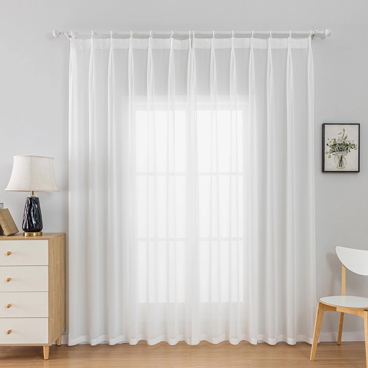 Off White Sheer Curtains Pinch Pleated Curtains 96 Inches Long Lightweight Light Filtering Curtain Semi Sheer Pinch Pleat Farmhouse Curtain for Living Room, 52" W x 96" L,1 Panel