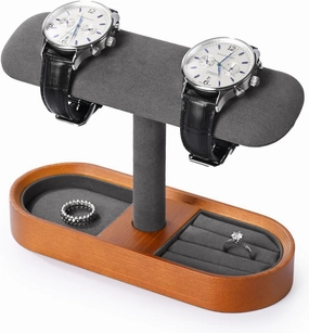 Oirlv Solid Wood Watch Stand T-bar Watch Holder Organizer for Men and Women Showcase Bracelet Bangle Jewelry Display Stand Rings Earrings Necklace Storage(Grey)