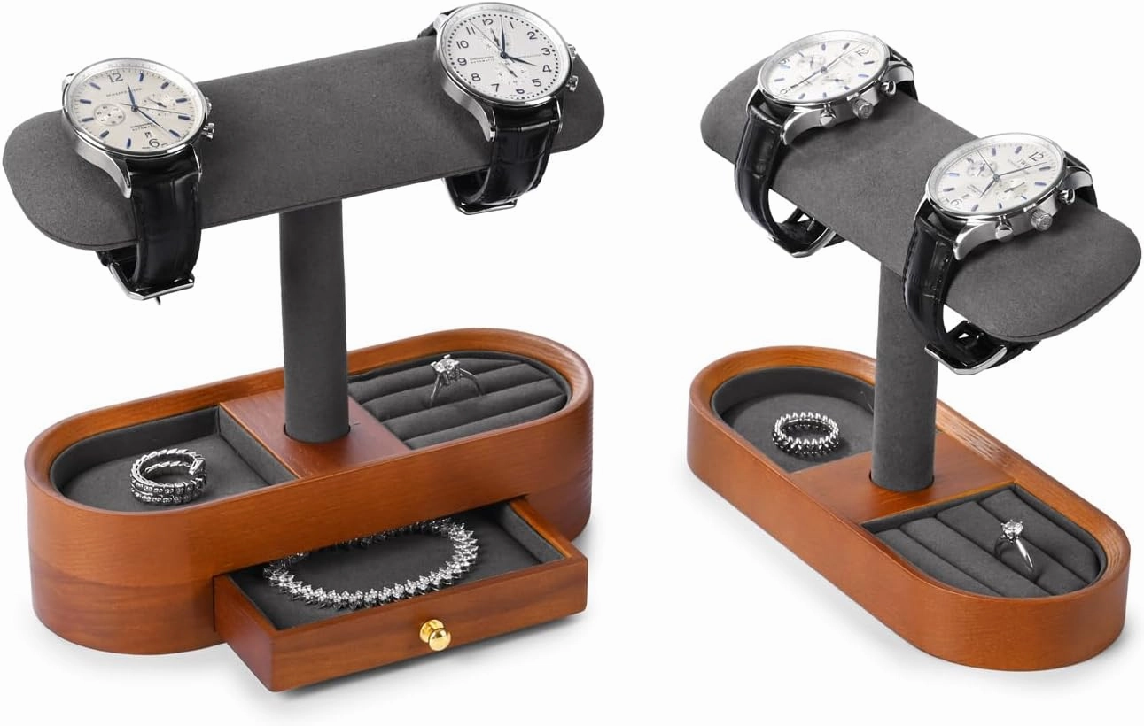 Oirlv Solid Wood Watch Stand T-bar Watch Holder Organizer for Men and Women Showcase Bracelet Bangle Jewelry Display Stand Rings Earrings Necklace Storage(Grey)