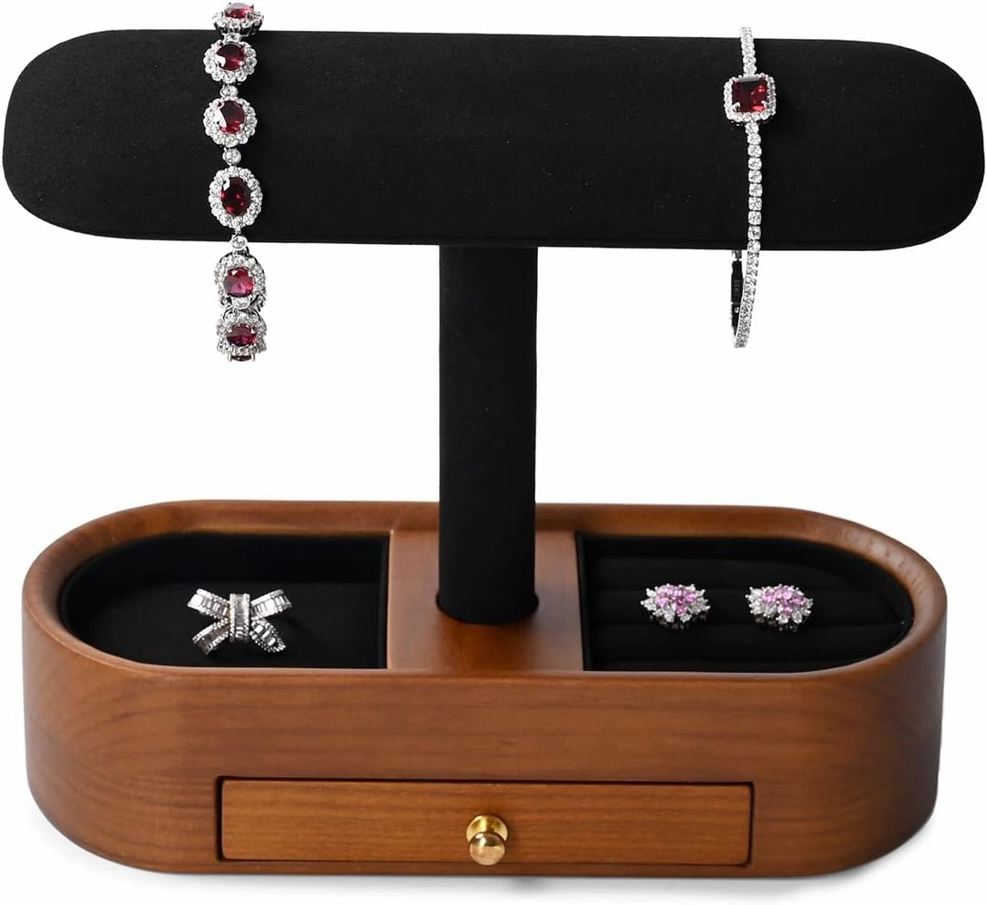 Oirlv Solid Wood Watch Stand with Drawer T-bar Watch Holder Organizer for Men and Women Showcase Bracelet Bangle Jewelry Display Stand Rings Earrings Necklace Storage(Drawer,Black)
