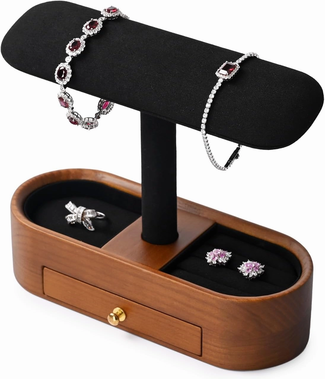 Oirlv Solid Wood Watch Stand with Drawer T-bar Watch Holder Organizer for Men and Women Showcase Bracelet Bangle Jewelry Display Stand Rings Earrings Necklace Storage(Drawer,Black)