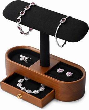 Oirlv Solid Wood Watch Stand with Drawer T-bar Watch Holder Organizer for Men and Women Showcase Bracelet Bangle Jewelry Display Stand Rings Earrings Necklace Storage(Drawer,Black)