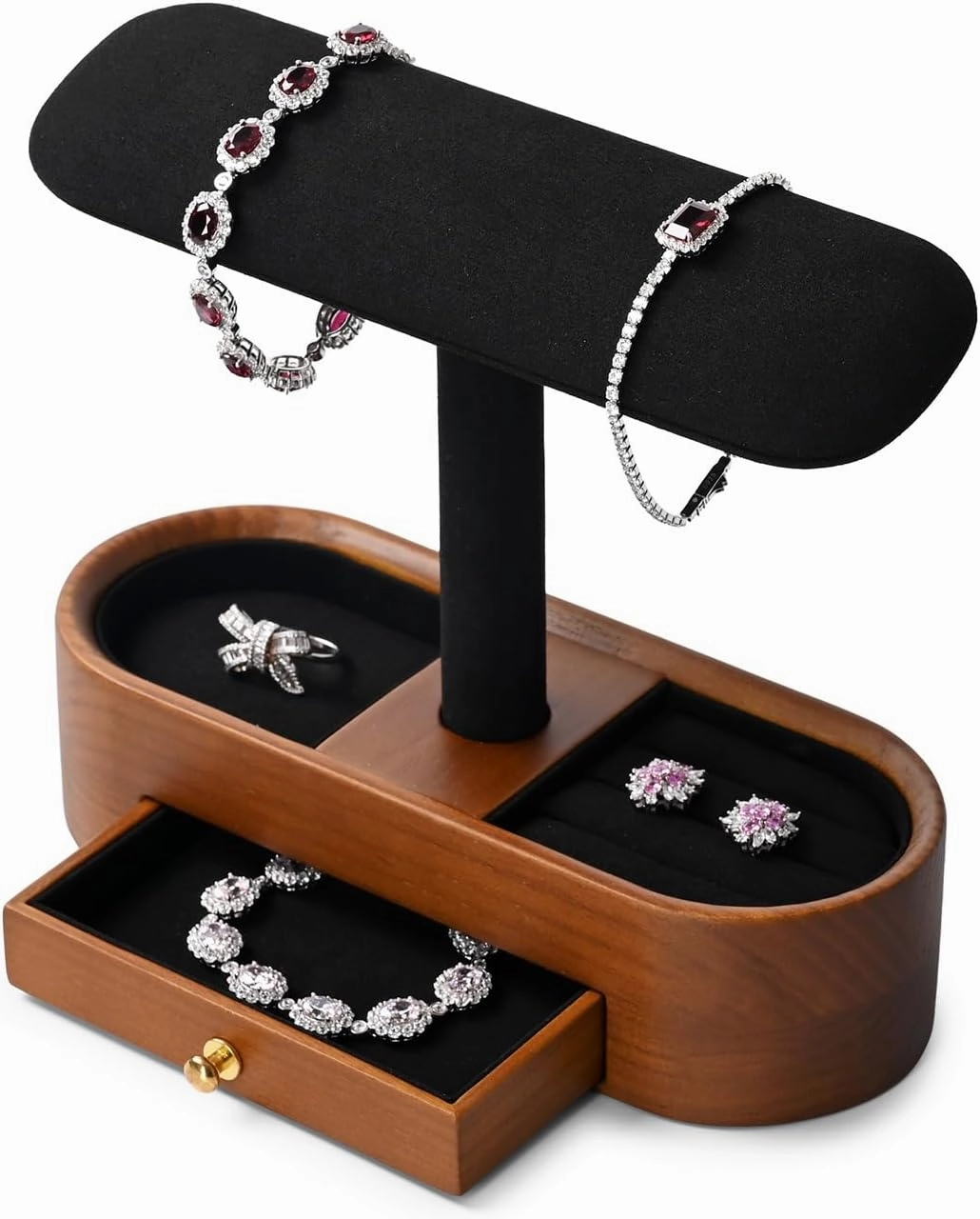 Oirlv Solid Wood Watch Stand with Drawer T-bar Watch Holder Organizer for Men and Women Showcase Bracelet Bangle Jewelry Display Stand Rings Earrings Necklace Storage(Drawer,Black)