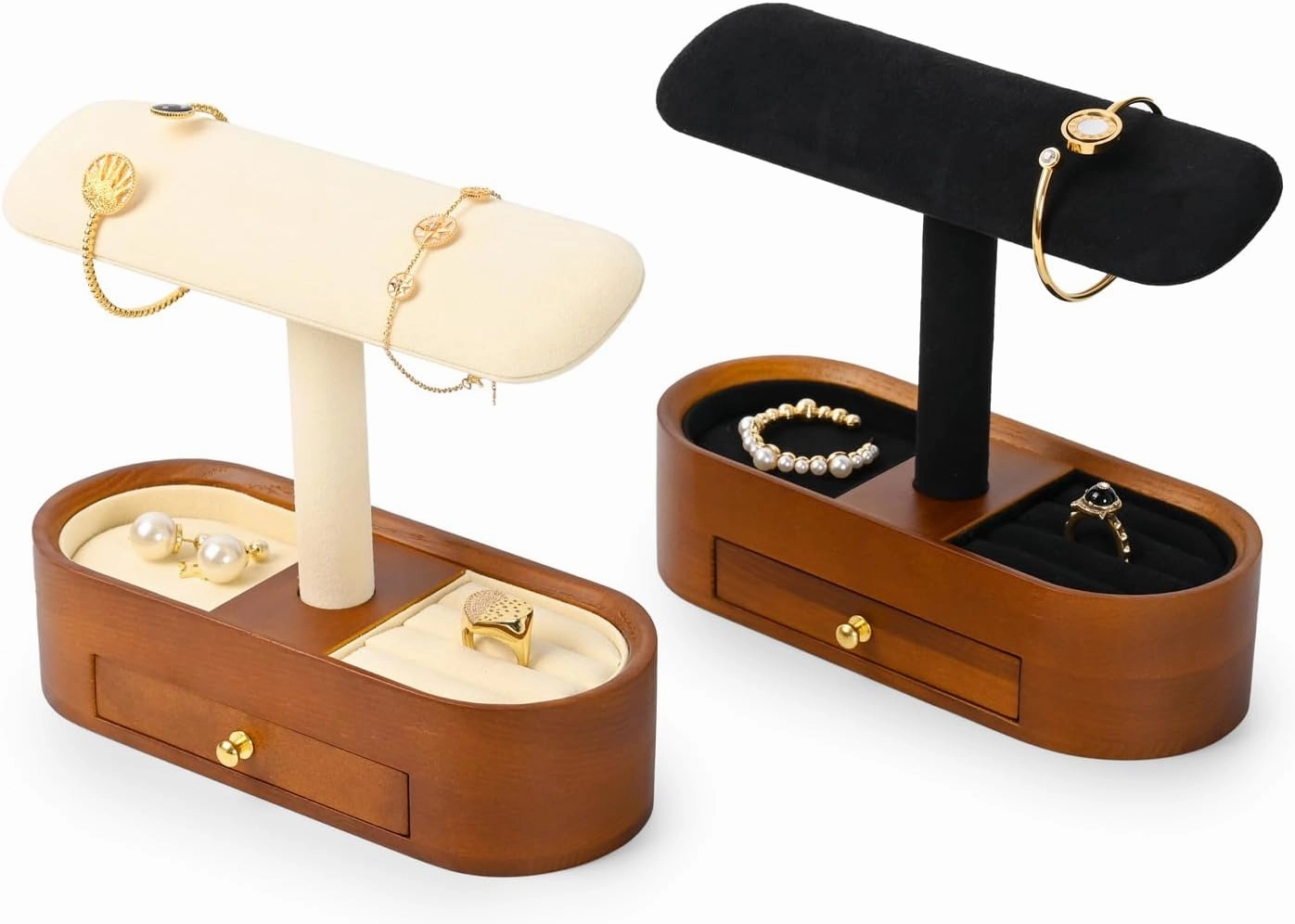 Oirlv Solid Wood Watch Stand with Drawer T-bar Watch Holder Organizer for Men and Women Showcase Bracelet Bangle Jewelry Display Stand Rings Earrings Necklace Storage(Drawer,Black)