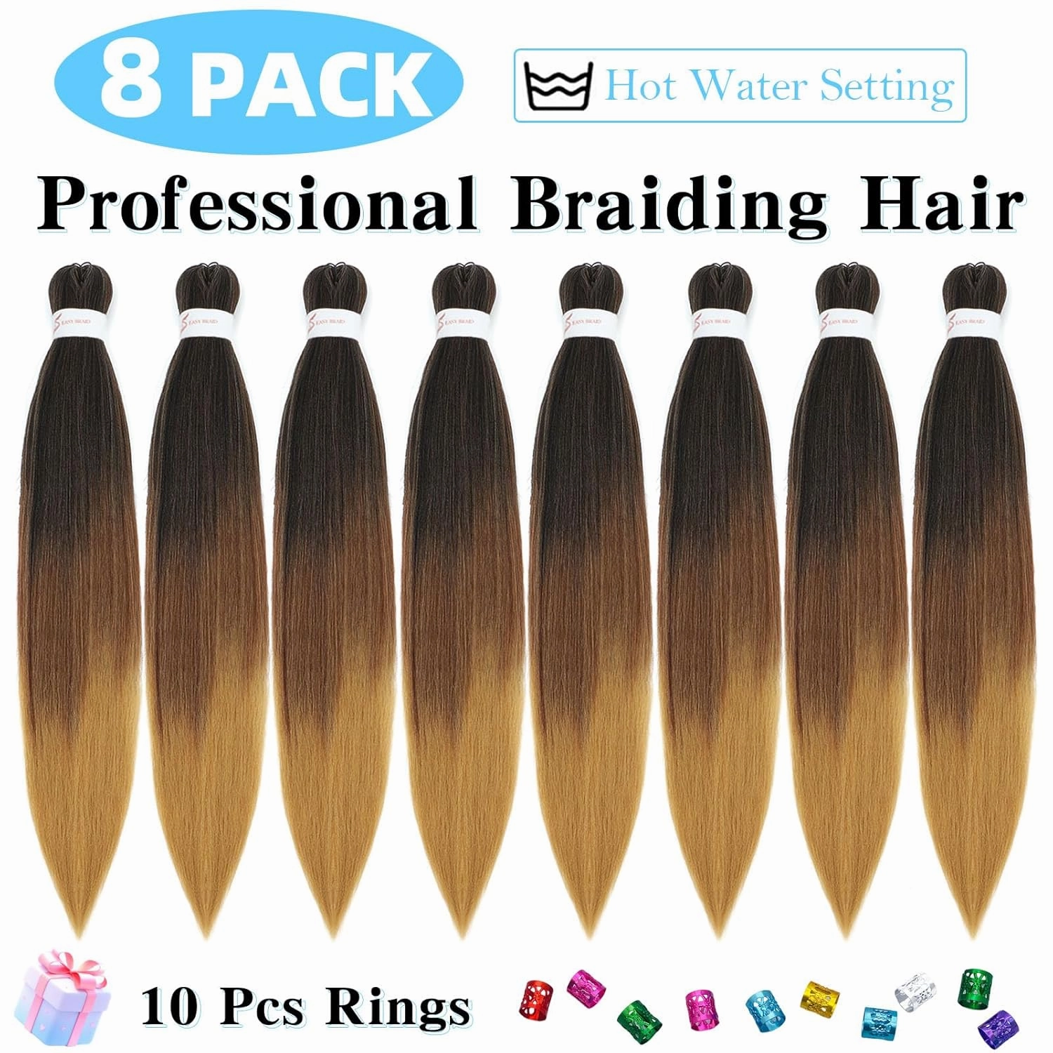 Ombre Braiding Hair Pre Stretched 20 Inch 8 Pack Premium Pre Stretched Braiding Hair Professional Itch Free Hot Water Setting Perm Yaki Texture Prestretched Hair For Braiding (20Inch,1B/30/27)