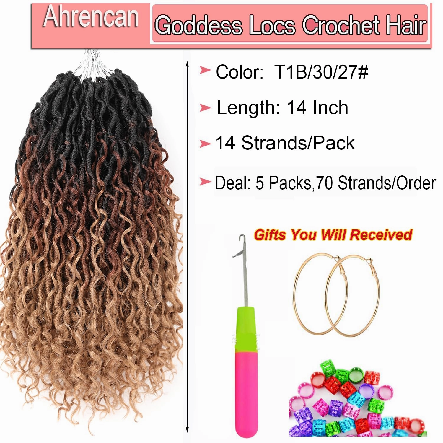 Ombre Goddess Locs Crochet Hair,14 Inch Three Tone Goddess Faux Locs Crochet Hair For Women,5 Packs Short Boho Hippie River Locs,Pre Looped Locks Crochet Braids For Women(5 Packs,14inch,T1B/30/27#)