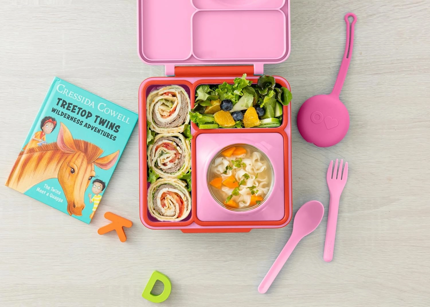 Omie OmieBox Kids Utensils Set with Case - 2 Piece Plastic, Reusable Fork and Spoon Silverware with Pod for Kids (Bubble Pink)
