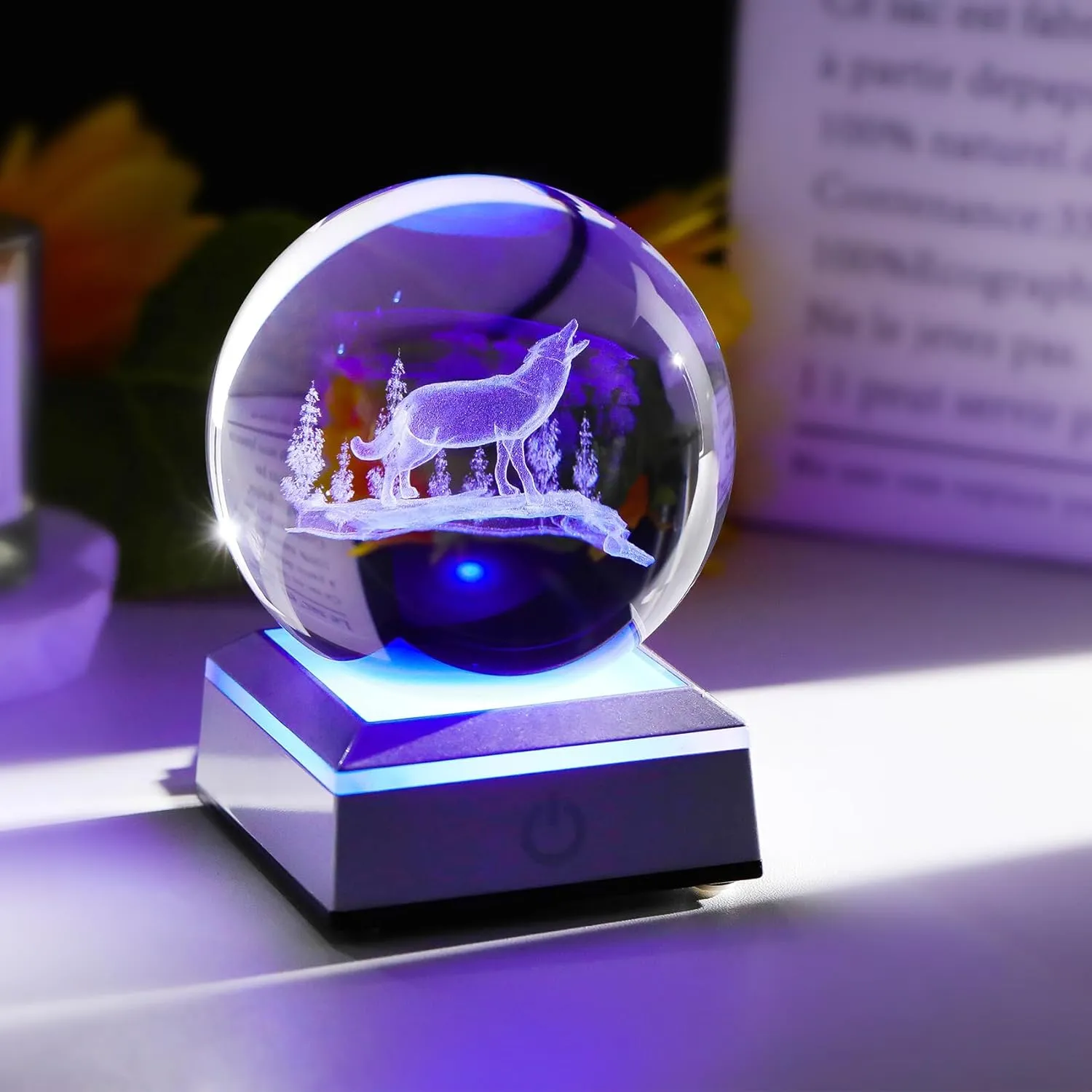 Ornalrist 3.15'' 3D Wolf Crystal Ball with LED Light Base Gifts for Women Men - Birthday Gifts for Wolf Lover, Figurine Collection for Home Decor