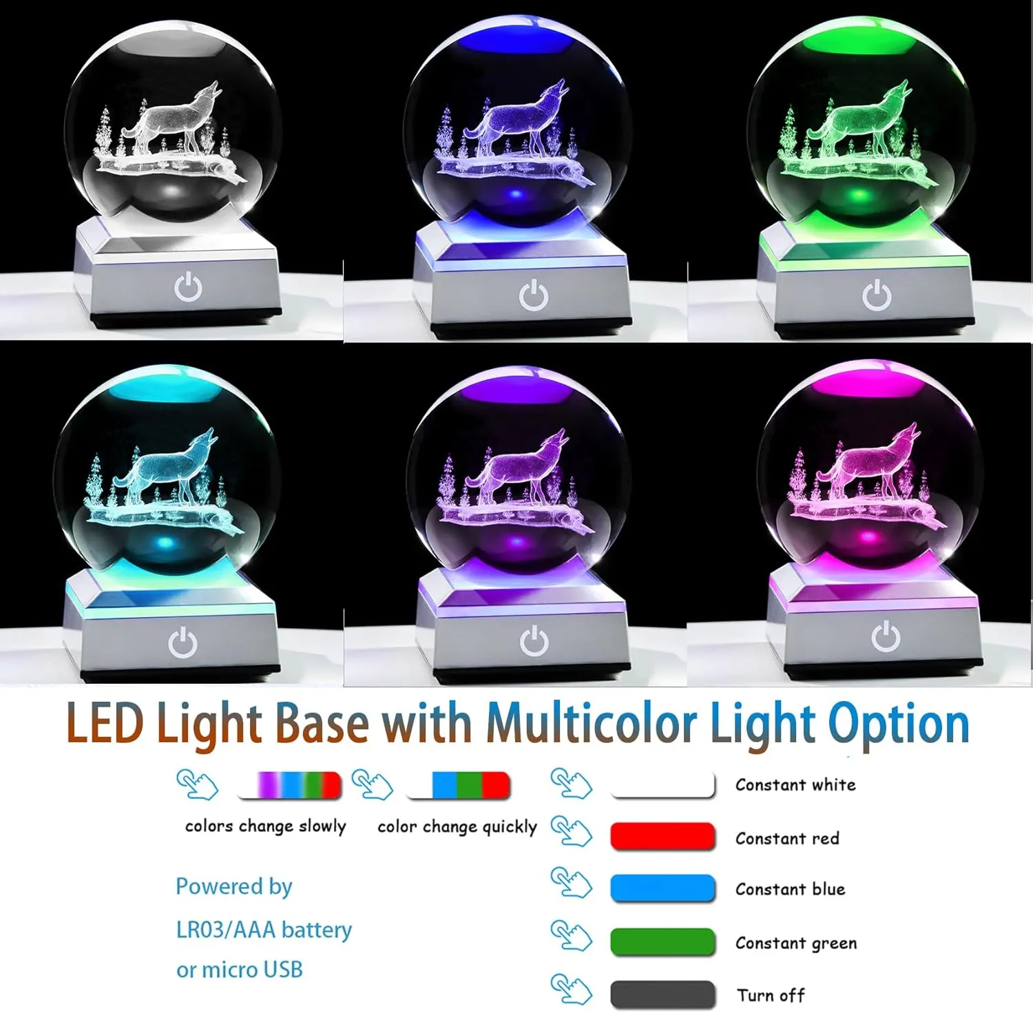 Ornalrist 3.15'' 3D Wolf Crystal Ball with LED Light Base Gifts for Women Men - Birthday Gifts for Wolf Lover, Figurine Collection for Home Decor