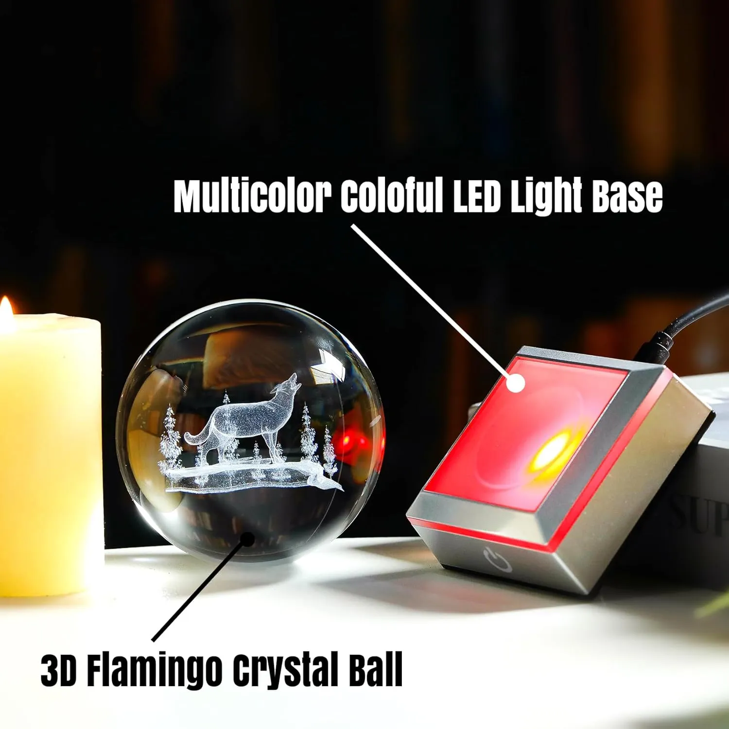 Ornalrist 3.15'' 3D Wolf Crystal Ball with LED Light Base Gifts for Women Men - Birthday Gifts for Wolf Lover, Figurine Collection for Home Decor
