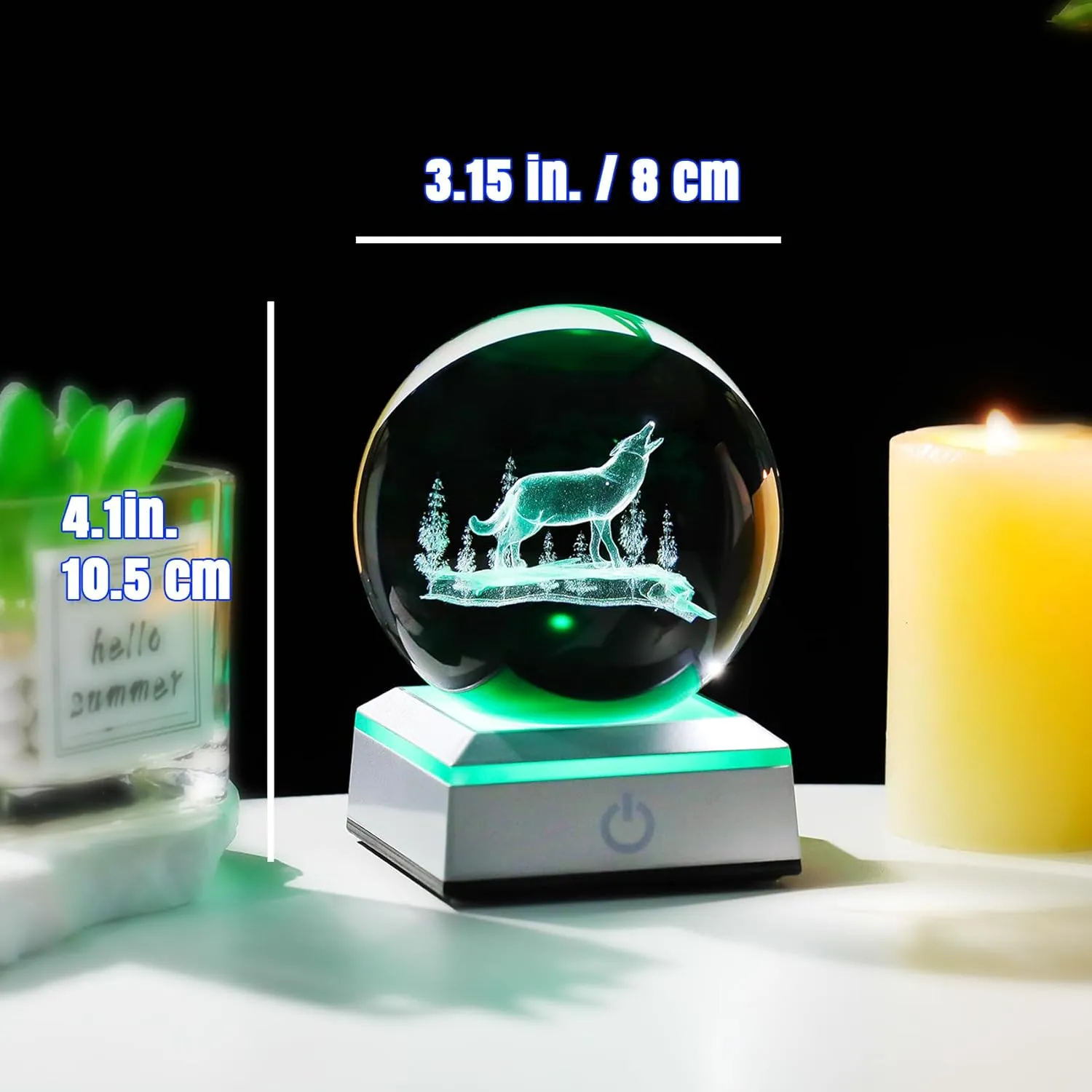 Ornalrist 3.15'' 3D Wolf Crystal Ball with LED Light Base Gifts for Women Men - Birthday Gifts for Wolf Lover, Figurine Collection for Home Decor