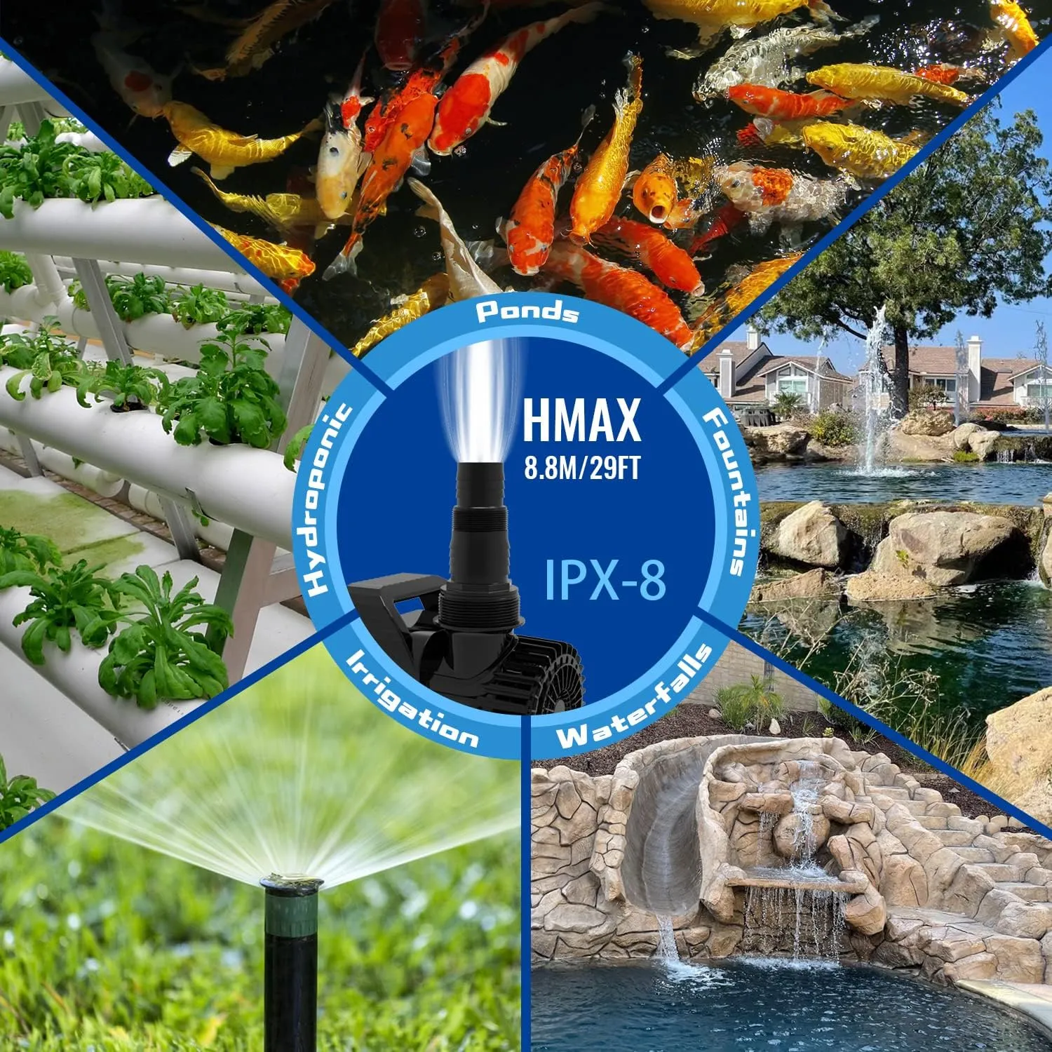 Outdoor Extra Large 11800gph-850W 32.8FT Pond Water-fall & Kio Fish Fountain-s& Garden Pump Submersible IPX8: Long 32.8FT Cord Smart-er&Quieter Duck&Yard&Patio Ponds Pumps,1 Barrier Pump Bag
