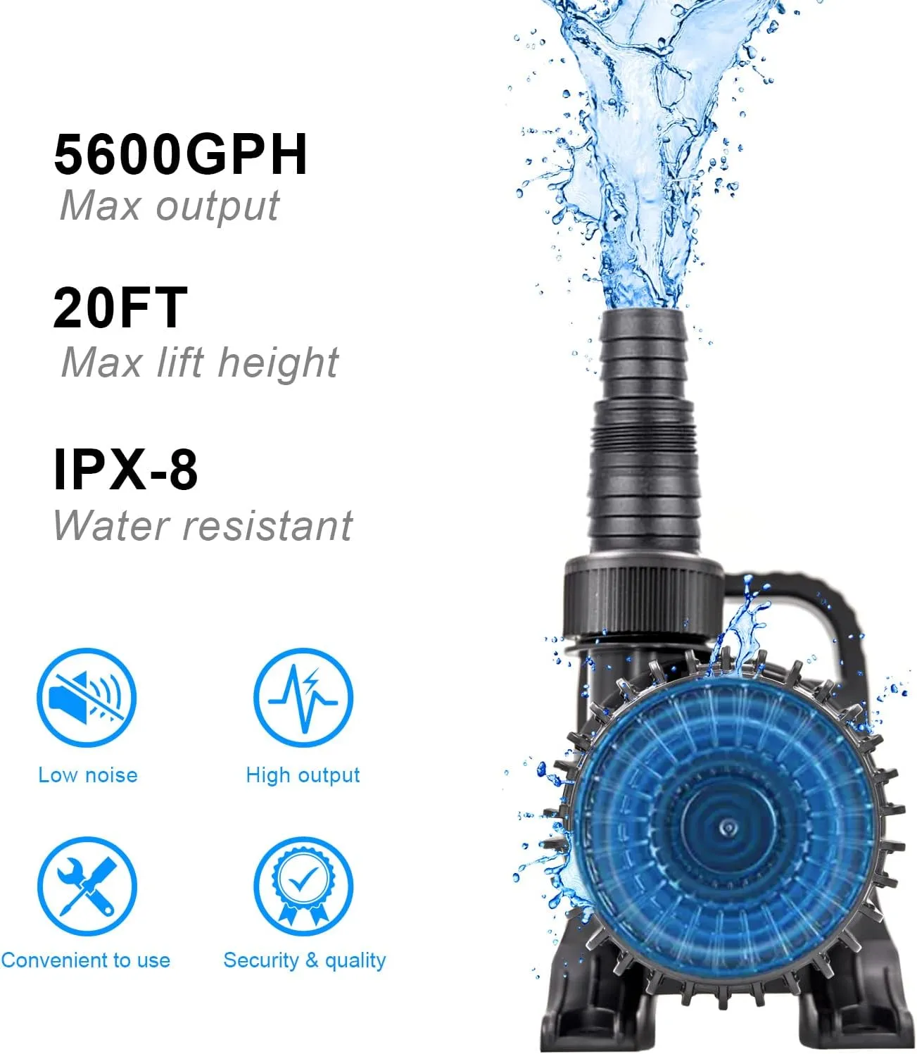Outdoor Large 5600gph-305W 32.8FT Pond Water-fall & Kio Fish Fountain-s &Garden Pump Submersible IPX8: Long 32.8FT Cord Smart-er & Quieter Duck & Yard &Patio Ponds Pumps, 1 Barrier Pump Bag