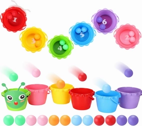 Outdoor Toss Ball Game, 6 Pcs Bucket and 12 Pcs Balls Toss Play Set, Spring Family Outdoor Indoor Yard Party Games for Kids and Adults