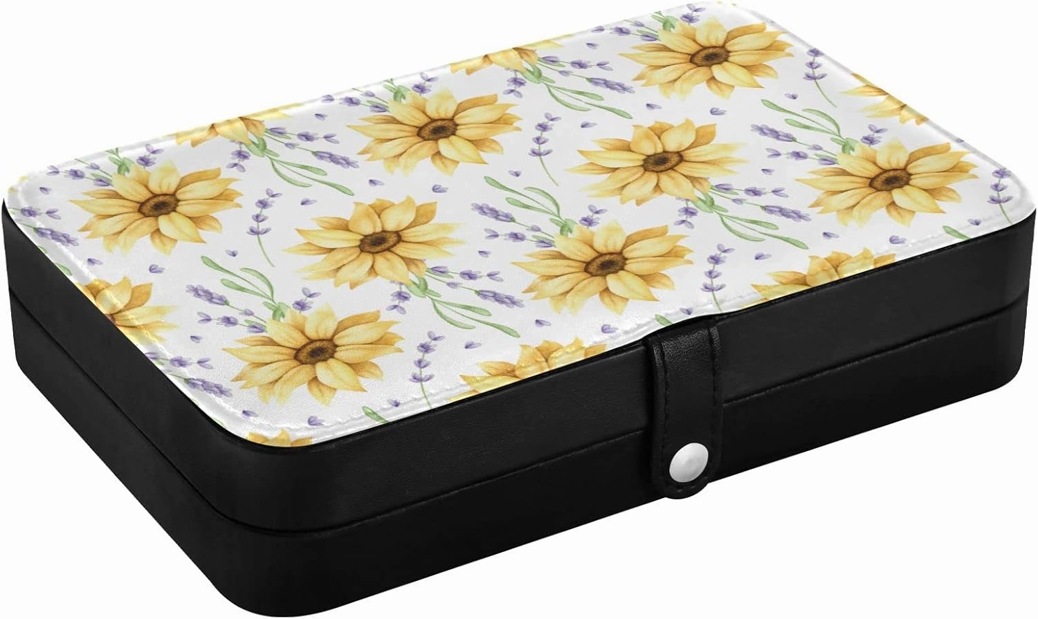 Oyihfvs Big Yellow Sunflowers with Violet Purple Lavender Flowers on White Leather Jewelry Bag, Jewelry Storage, Portable Jewelry Organizer Boxes for Women Lady Necklace, Earrings, Rings, Bracelet