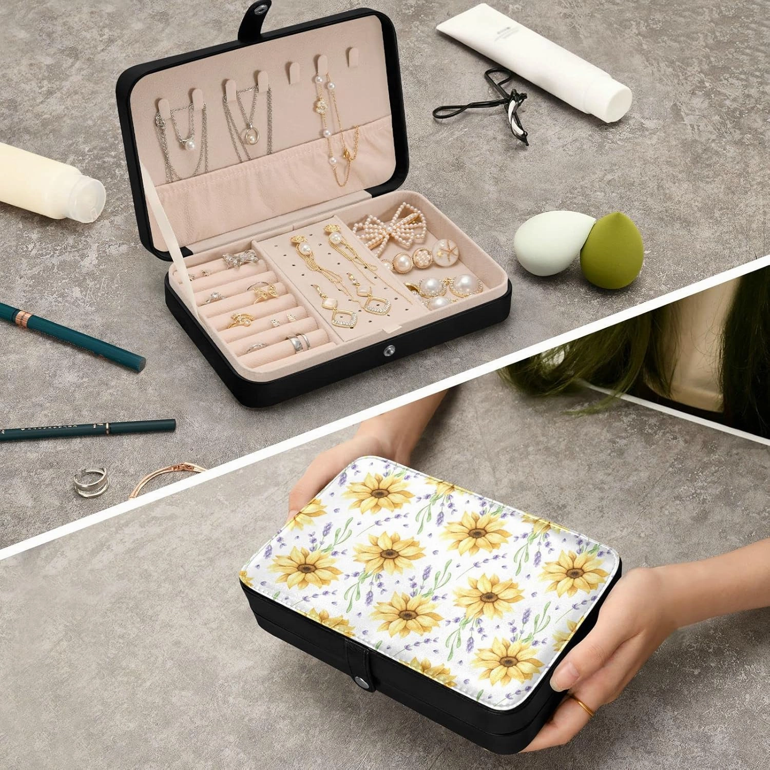 Oyihfvs Big Yellow Sunflowers with Violet Purple Lavender Flowers on White Leather Jewelry Bag, Jewelry Storage, Portable Jewelry Organizer Boxes for Women Lady Necklace, Earrings, Rings, Bracelet