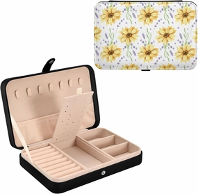 Oyihfvs Big Yellow Sunflowers with Violet Purple Lavender Flowers on White Leather Jewelry Bag, Jewelry Storage, Portable Jewelry Organizer Boxes for Women Lady Necklace, Earrings, Rings, Bracelet